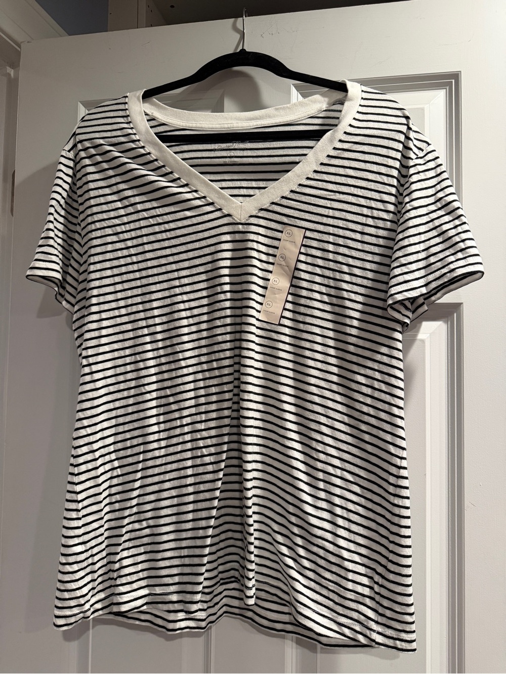 Striped V-Neck Tee in White and Black